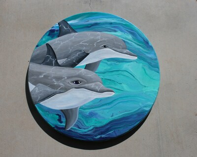 Dolphin painting on wood, ocean themed art, beach house decor, acrylic paint pour, fluid art - image1